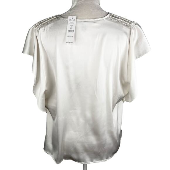 White House Black Market Flutter Sleeve V-Neck Top Ecru XL Satin New - Picture 2 of 12